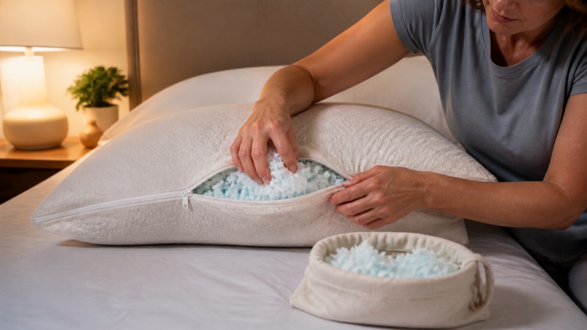 Persona ajustando el relleno de una almohada para dormir de lado