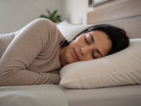 Persona durmiendo de lado con la cabeza y el cuello alineados sobre una almohada