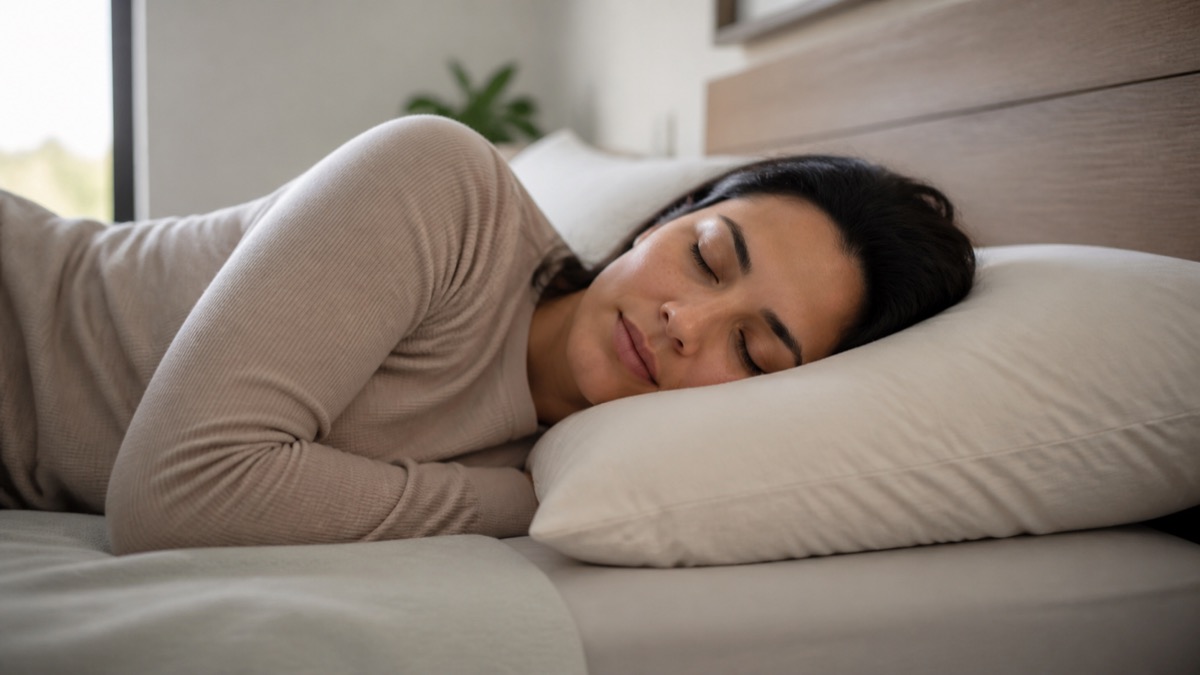Persona durmiendo de lado con la cabeza y el cuello alineados sobre una almohada