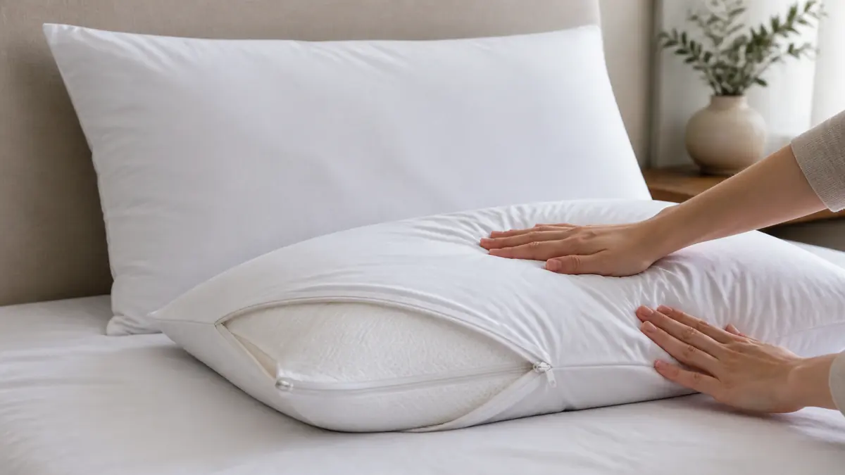 Almohada blanda delante de una firme con protector de cremallera y funda blanca