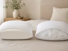 Comparación del interior de una almohada viscoelástica y una almohada de fibra