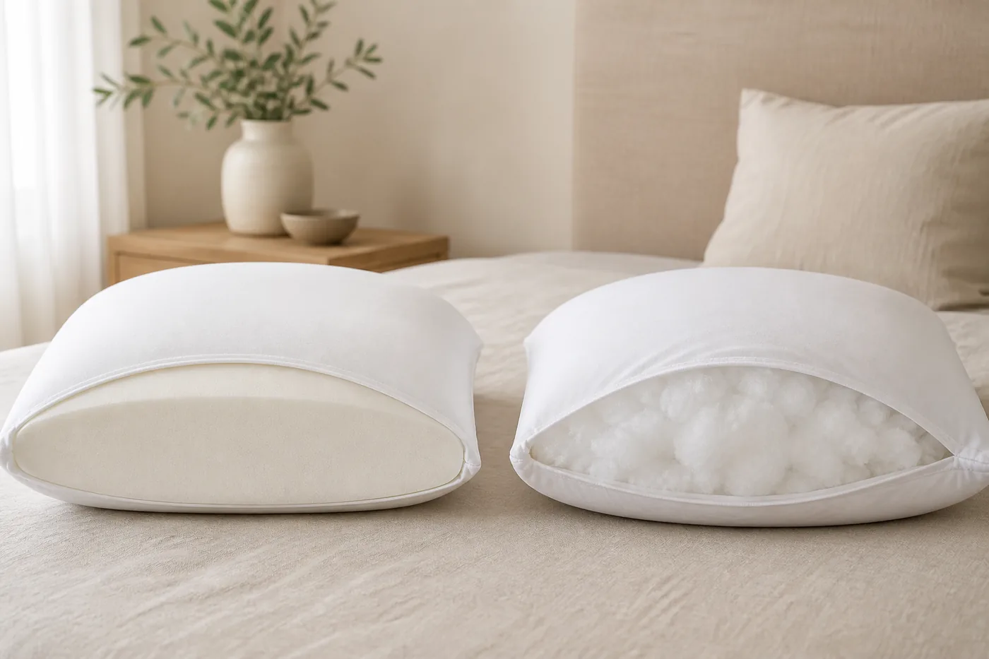 Comparación del interior de una almohada viscoelástica y una almohada de fibra