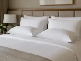 Cama de hotel con dos almohadas blandas y dos firmes sobre ropa de cama blanca