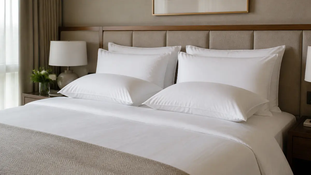 Cama de hotel con dos almohadas blandas y dos firmes sobre ropa de cama blanca