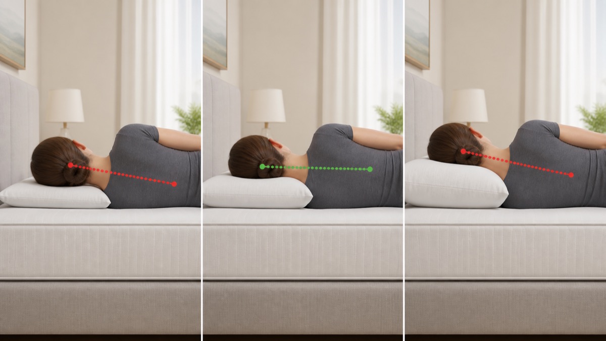 Comparación de almohada baja, correcta y alta al dormir de lado