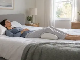 Persona durmiendo boca arriba con almohada bajo la cabeza y apoyo bajo las rodillas