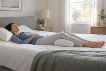 Persona durmiendo boca arriba con almohada bajo la cabeza y apoyo bajo las rodillas