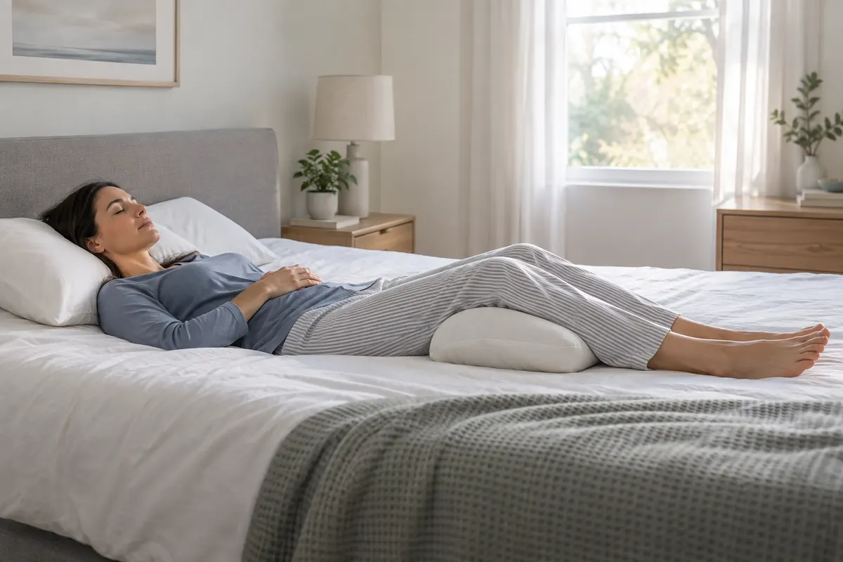 Persona durmiendo boca arriba con almohada bajo la cabeza y apoyo bajo las rodillas