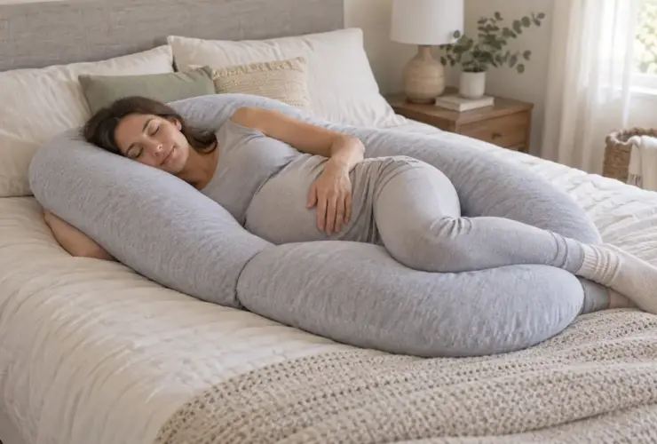 Mujer embarazada descansando de lado con una almohada de embarazo en forma de U