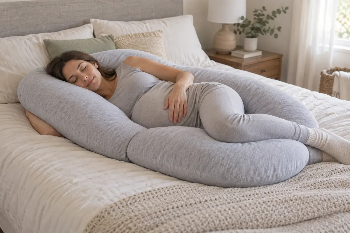 Mujer embarazada descansando de lado con una almohada de embarazo en forma de U