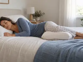 Persona durmiendo de lado con una almohada entre las rodillas