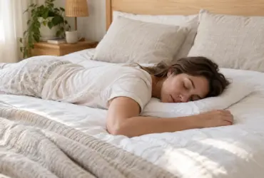 Persona durmiendo boca abajo sobre una almohada fina de perfil bajo