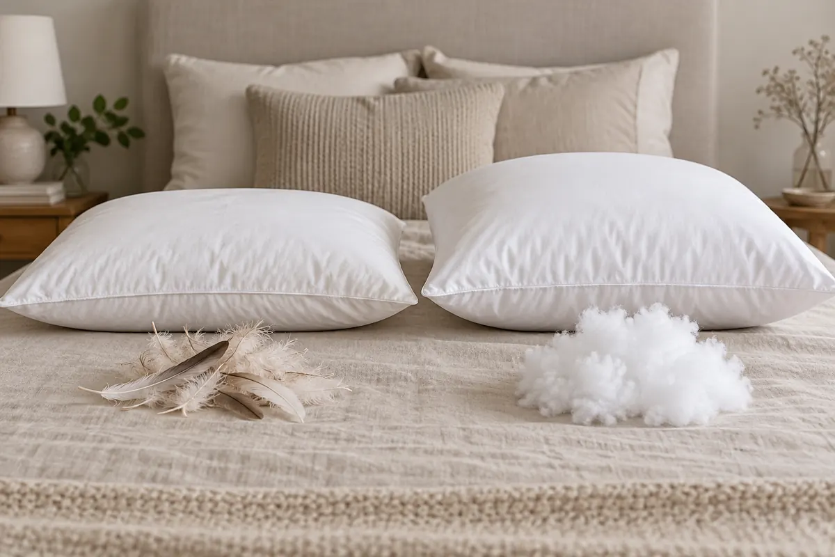 Comparación visual entre una almohada de plumas y una almohada de fibra