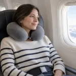 Viajera sentada en un avión usando una almohada de viaje alrededor del cuello