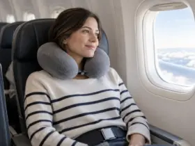 Viajera sentada en un avión usando una almohada de viaje alrededor del cuello