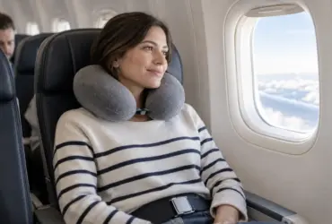 Viajera sentada en un avión usando una almohada de viaje alrededor del cuello