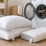 Almohadas de fibra, plumas y espuma junto a una lavadora