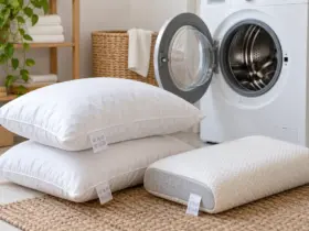 Almohadas de fibra, plumas y espuma junto a una lavadora