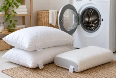 Almohadas de fibra, plumas y espuma junto a una lavadora