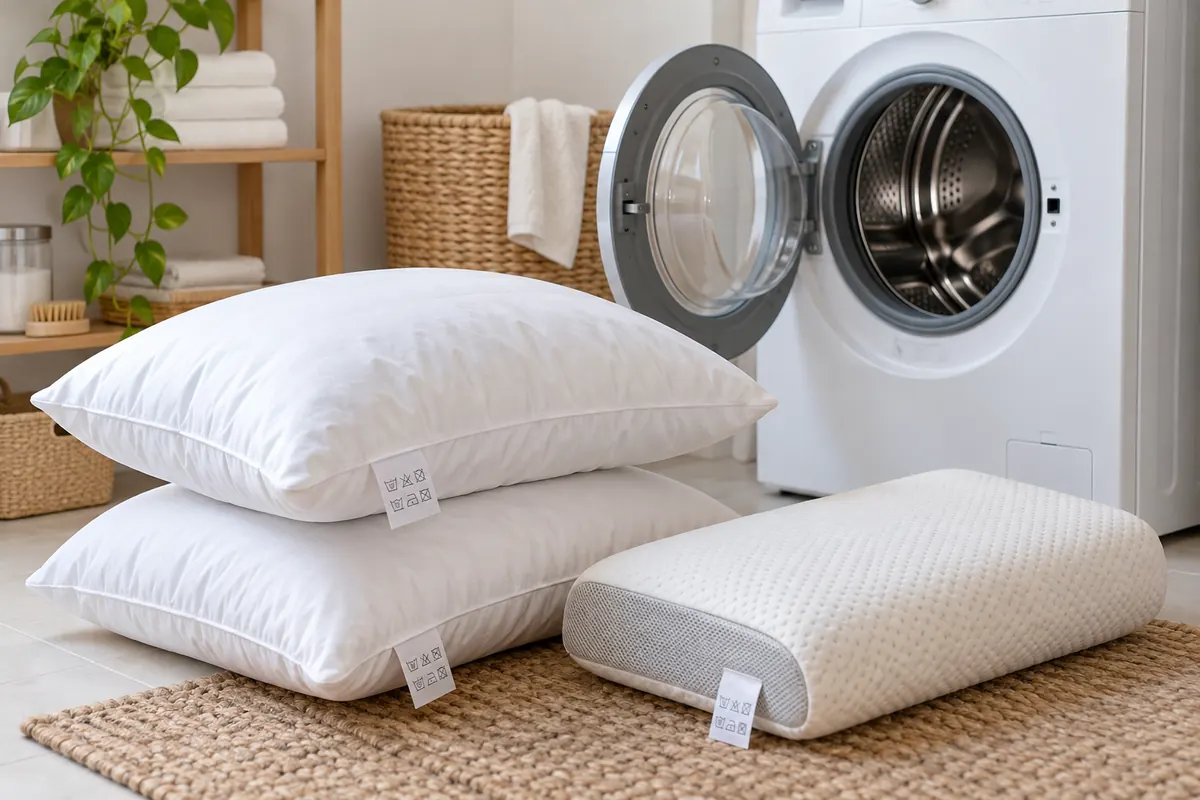 Almohadas de fibra, plumas y espuma junto a una lavadora