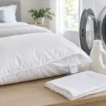 Almohada preparada para lavar junto a su funda y una lavadora