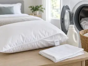 Almohada preparada para lavar junto a su funda y una lavadora