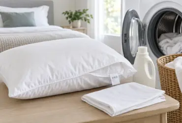 Almohada preparada para lavar junto a su funda y una lavadora