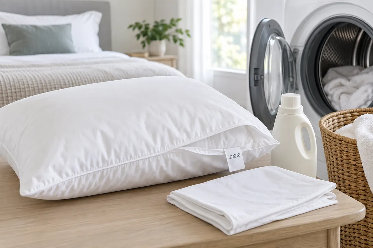 Almohada preparada para lavar junto a su funda y una lavadora
