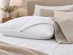 Protector blanco con cremallera colocado sobre una almohada