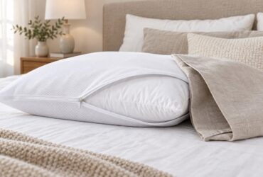 Protector blanco con cremallera colocado sobre una almohada