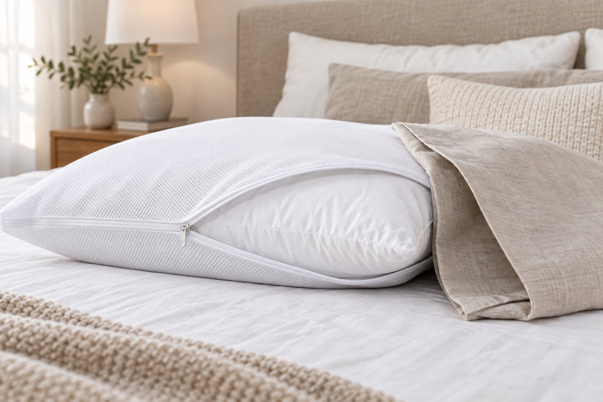 Protector blanco con cremallera colocado sobre una almohada