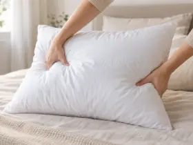 Manos ahuecando una almohada blanca de fibra para recuperar su volumen