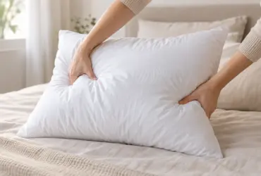 Manos ahuecando una almohada blanca de fibra para recuperar su volumen