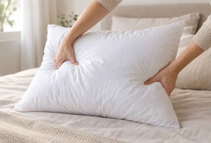 Manos ahuecando una almohada blanca de fibra para recuperar su volumen