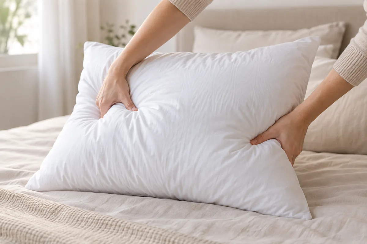 Manos ahuecando una almohada blanca de fibra para recuperar su volumen