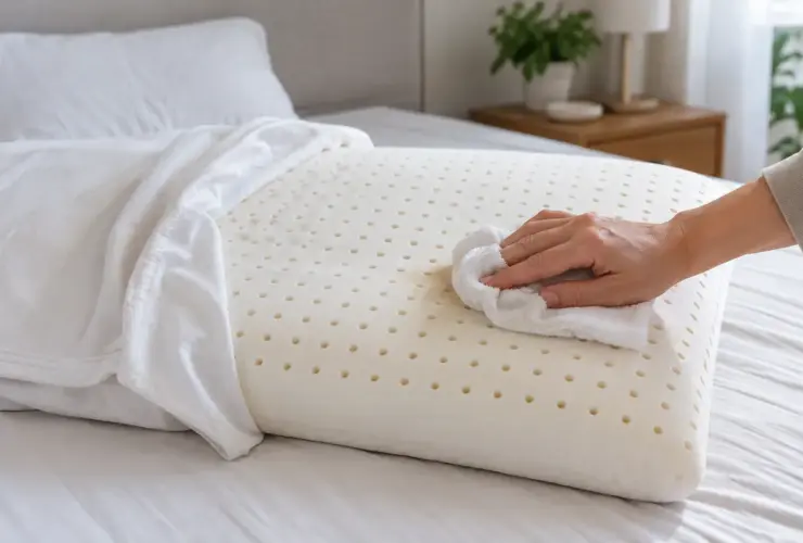 Núcleo de almohada de látex limpiado por zonas con un paño húmedo