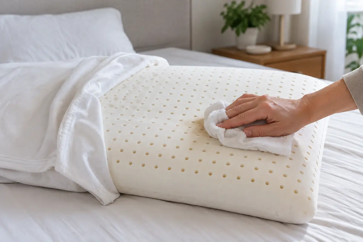 Núcleo de almohada de látex limpiado por zonas con un paño húmedo