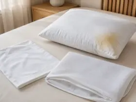Almohada con manchas amarillas junto a una funda y un protector limpios