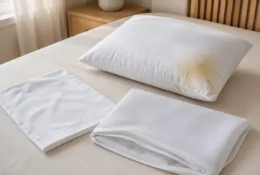 Almohada con manchas amarillas junto a una funda y un protector limpios