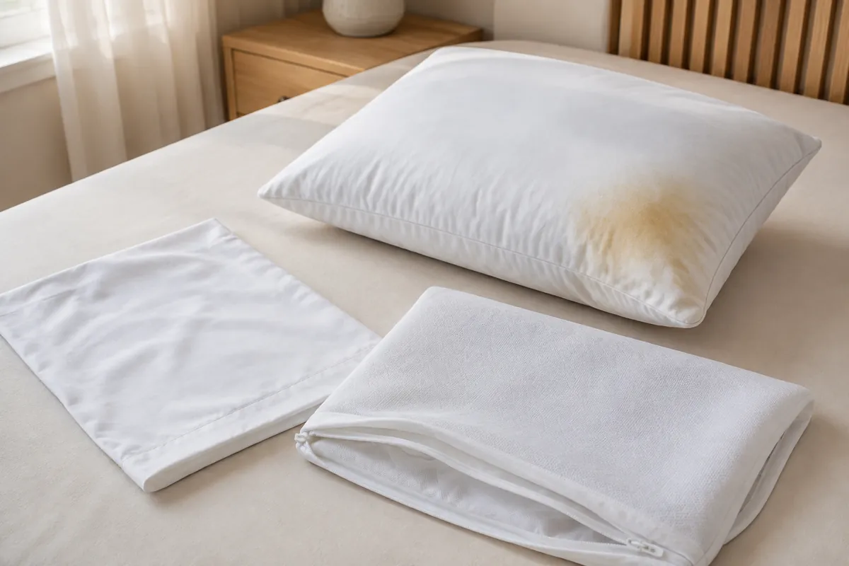 Almohada con manchas amarillas junto a una funda y un protector limpios