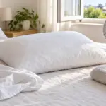 Almohada blanca ventilándose junto a una ventana y un ventilador