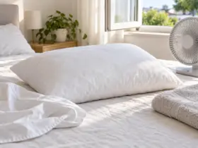 Almohada blanca ventilándose junto a una ventana y un ventilador