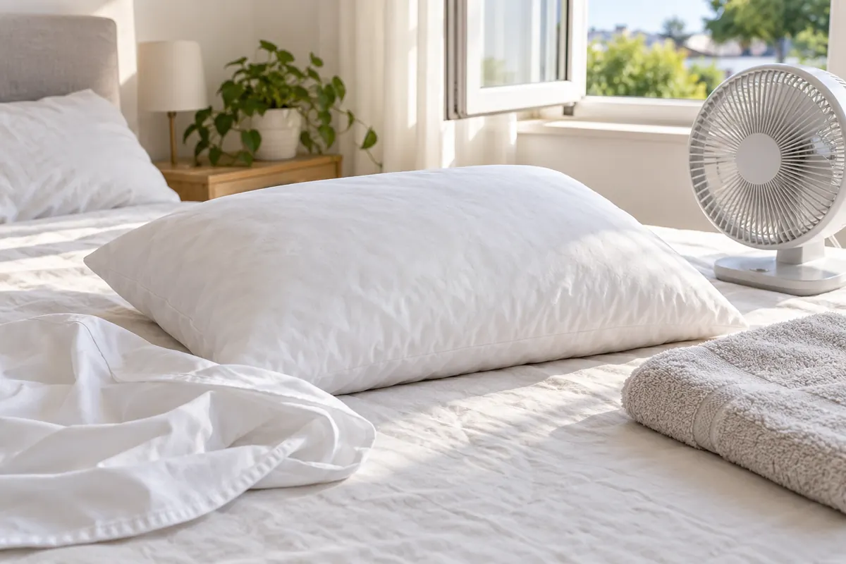 Almohada blanca ventilándose junto a una ventana y un ventilador