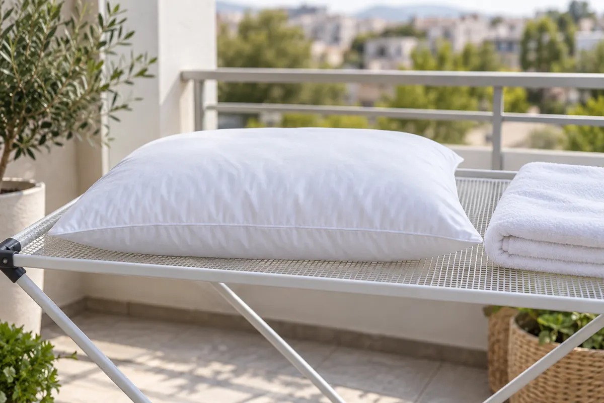 Almohada blanca secándose en horizontal sobre una rejilla ventilada