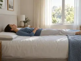 Persona durmiendo boca arriba con una almohada muy baja para mantener el cuello alineado