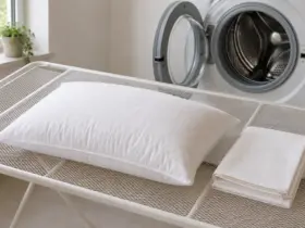 Almohada de fibra extendida en horizontal sobre un tendedero de malla junto a la lavadora