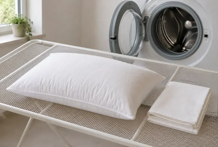 Almohada de fibra extendida en horizontal sobre un tendedero de malla junto a la lavadora