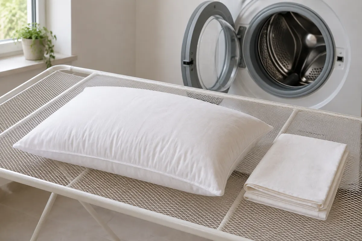 Almohada de fibra extendida en horizontal sobre un tendedero de malla junto a la lavadora
