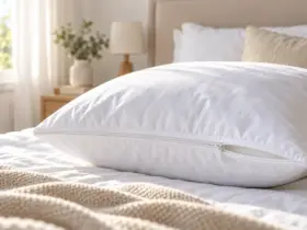 Almohada blanca con funda protectora para reducir los ácaros