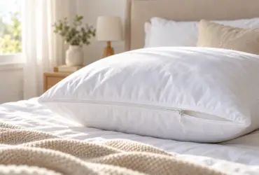 Almohada blanca con funda protectora para reducir los ácaros